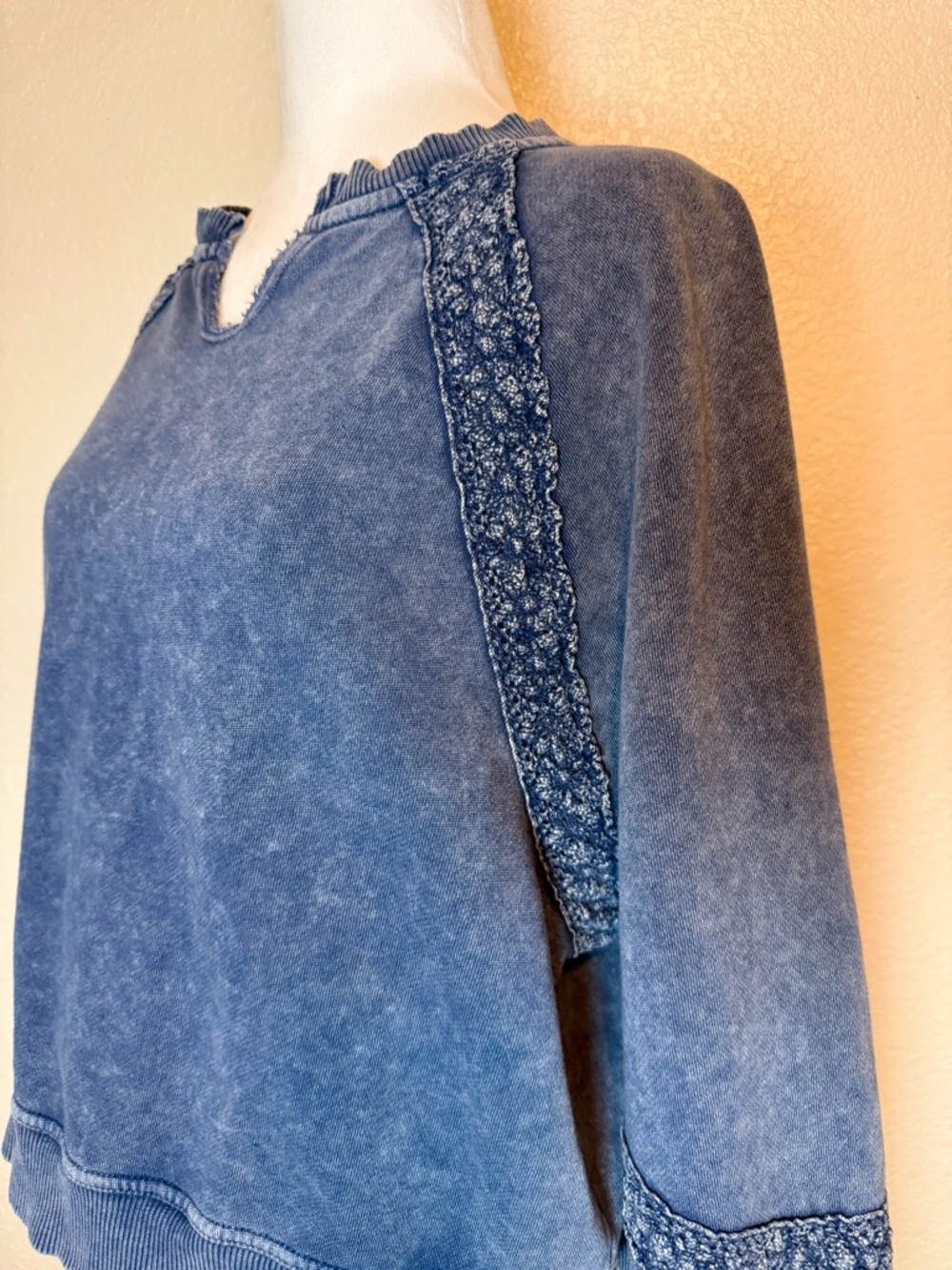 Aerie Hey Crochet Mineral Wash Blue Sweatshirt Crochet Lace Detail Oversize XS - Picture 4 of 15